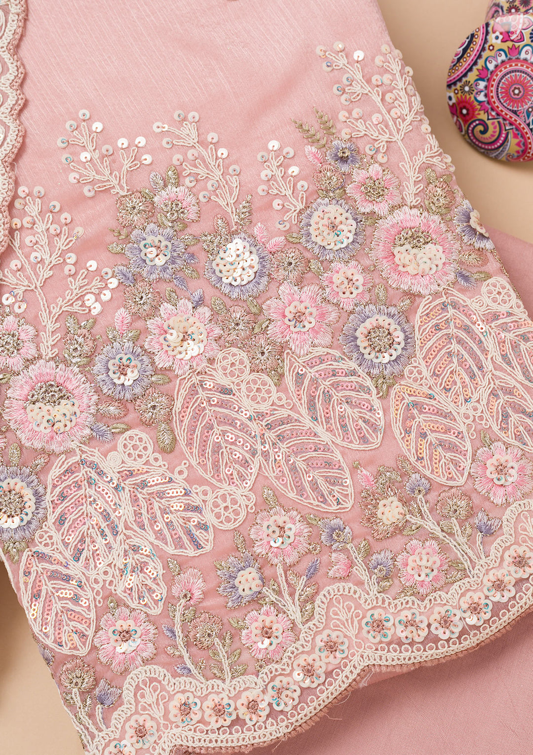 Mauve Threadwork Semi Crepe Unstitched Salwar Suit