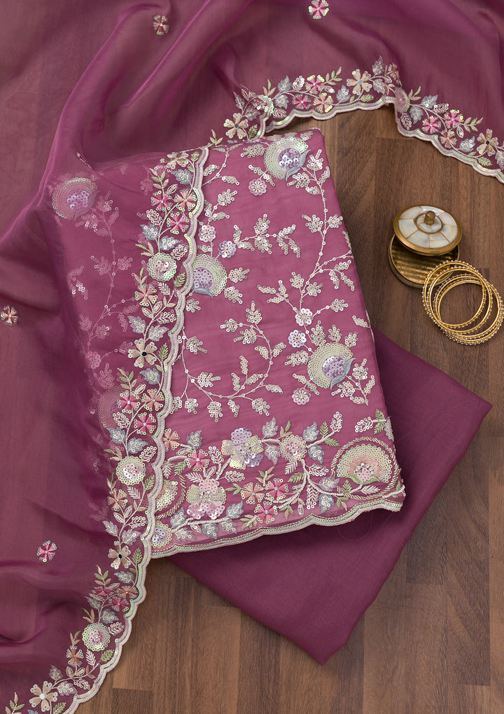 Mauve Threadwork Tissue Unstitched Salwar Suit