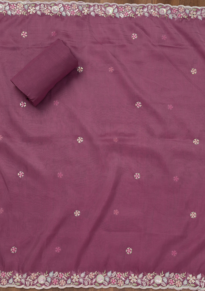 Mauve Threadwork Tissue Unstitched Salwar Suit
