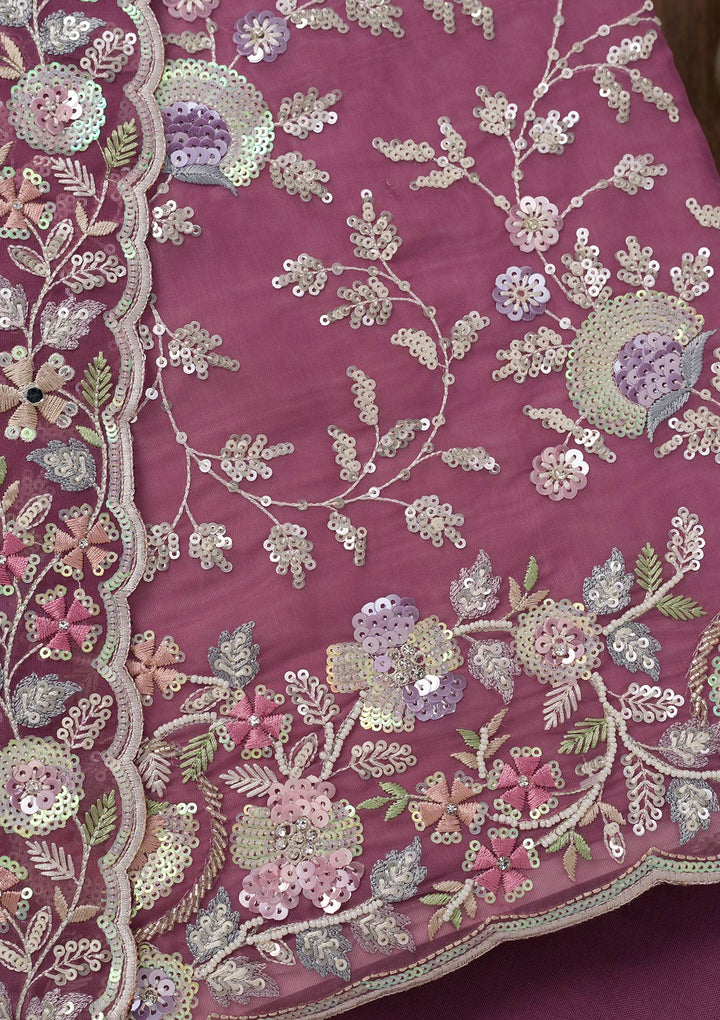Mauve Threadwork Tissue Unstitched Salwar Suit