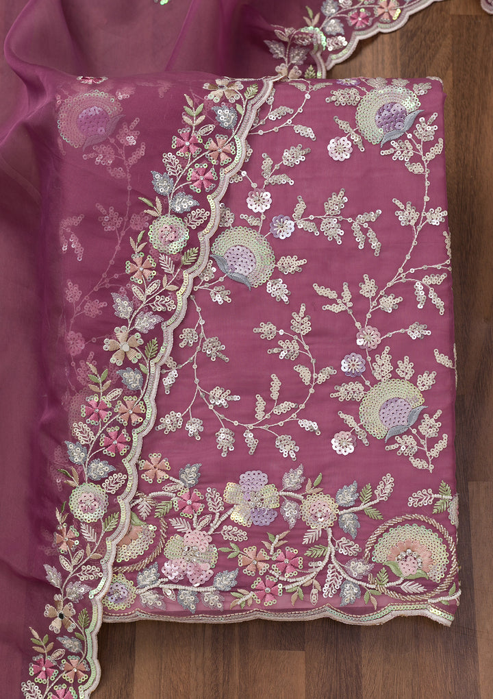 Mauve Threadwork Tissue Unstitched Salwar Suit