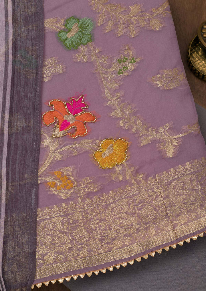 Mauve Zariwork Banarasi Unstitched Salwar Suit