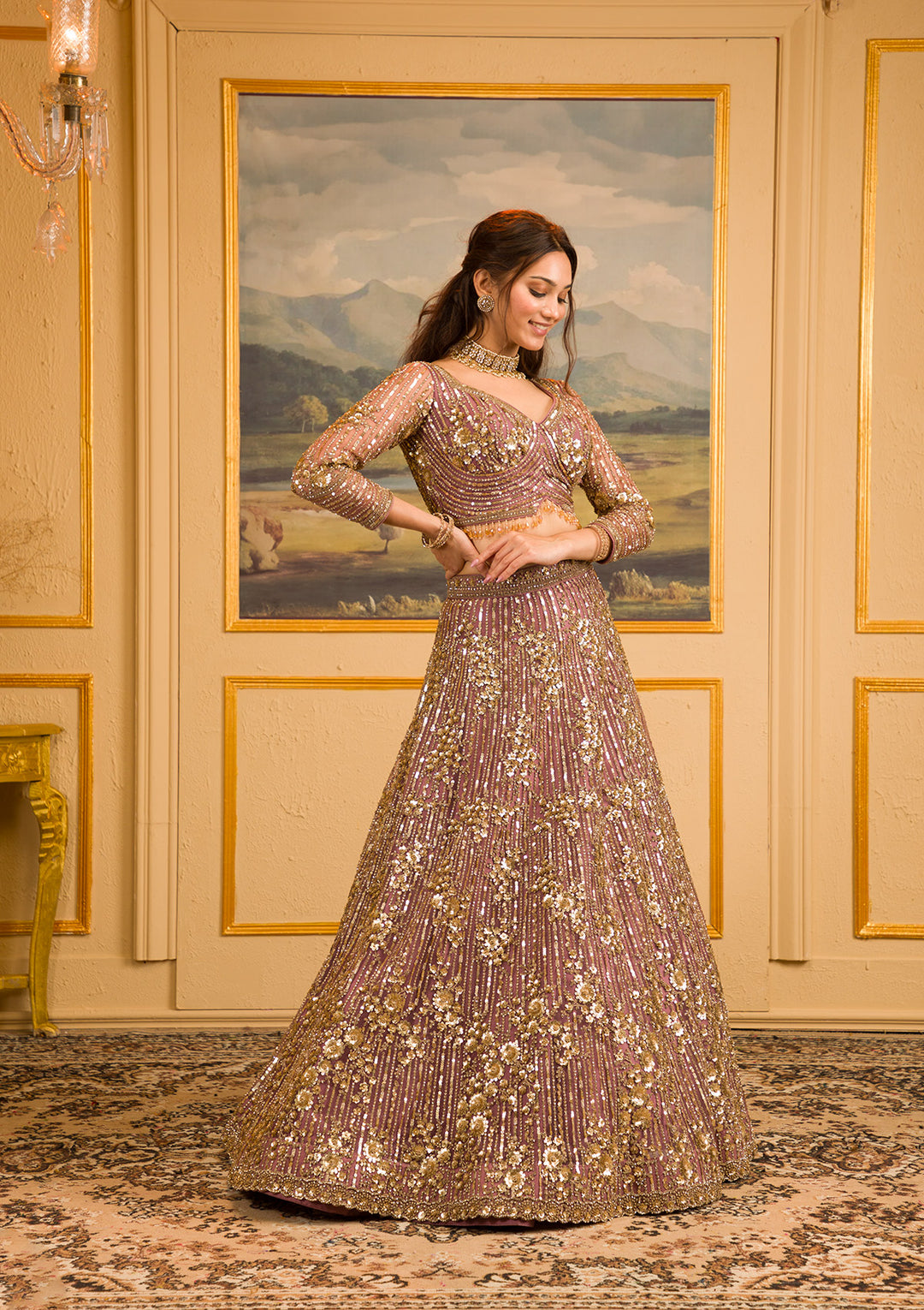 Mauve Zariwork Net Readymade Lehenga