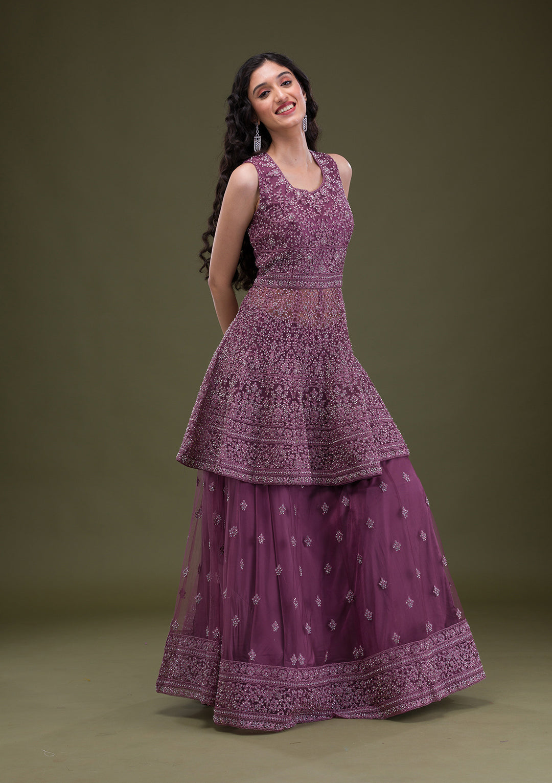 Mauve Zariwork Net Readymade Salwar Suit