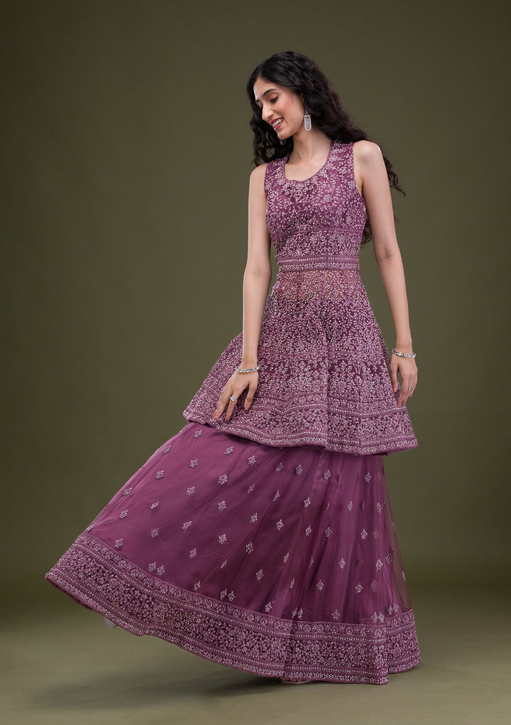 Mauve Zariwork Net Readymade Salwar Suit