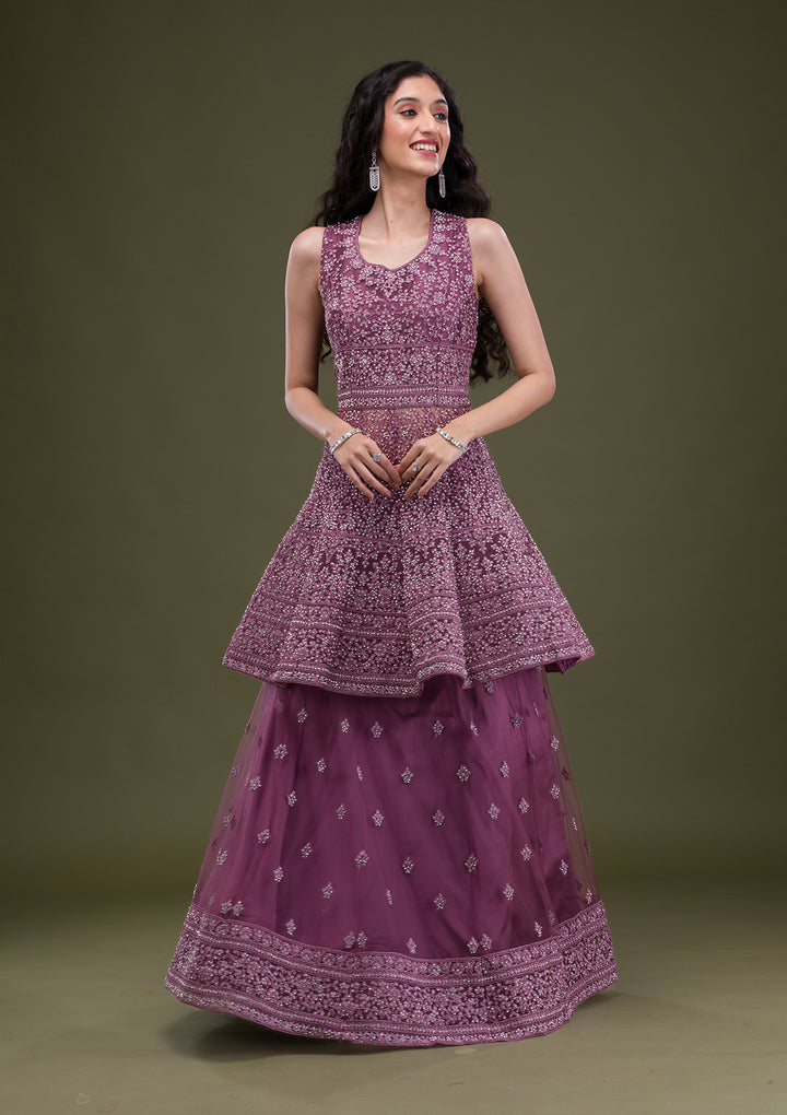 Mauve Zariwork Net Readymade Salwar Suit