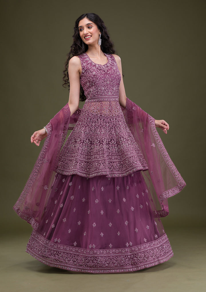 Mauve Zariwork Net Readymade Salwar Suit