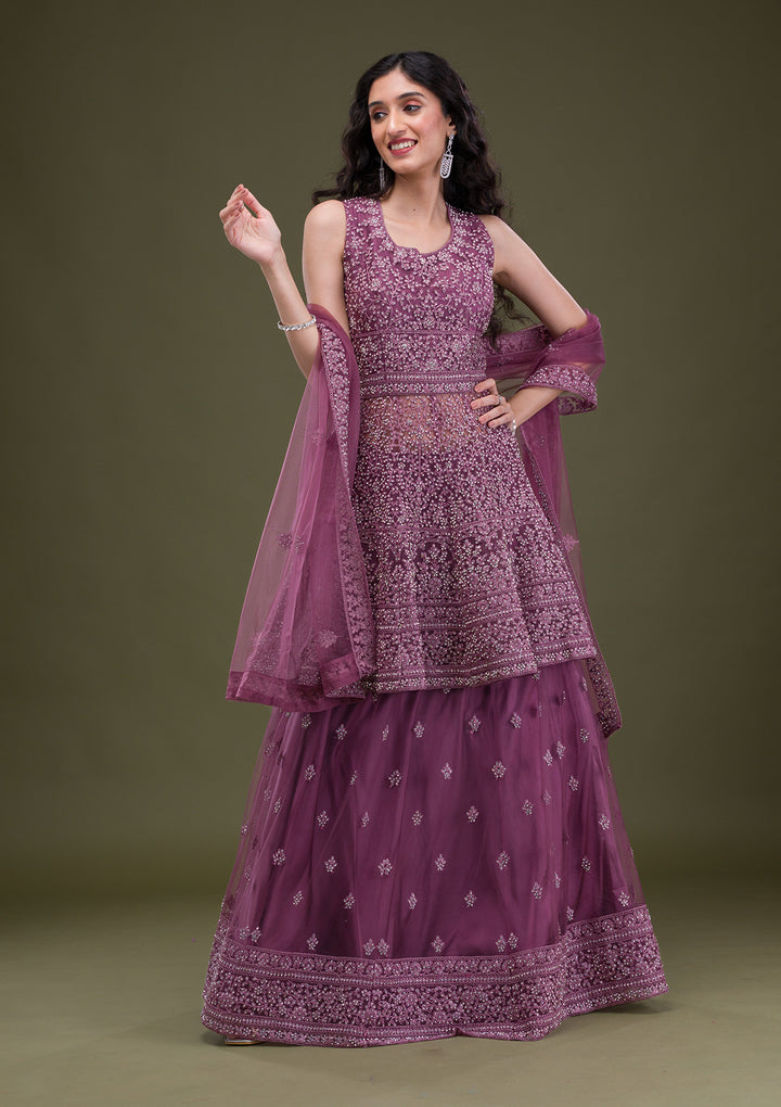Mauve Zariwork Net Readymade Salwar Suit