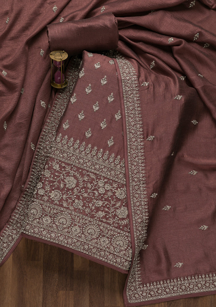 Mauve Zariwork Raw Silk Unstitched Salwar Suit