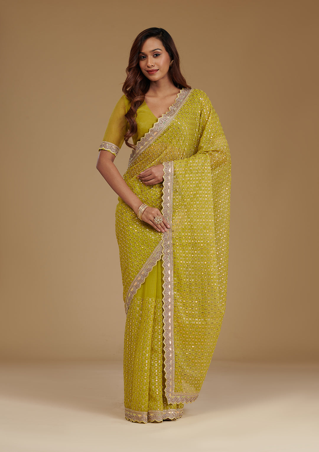 Mehendi Cutdana Chiffon Saree
