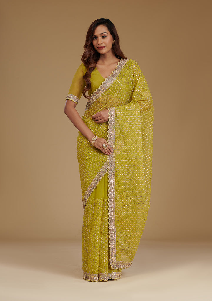 Mehendi Cutdana Chiffon Saree