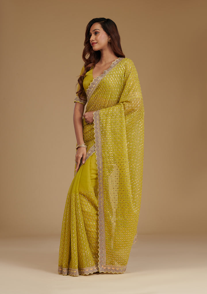 Mehendi Cutdana Chiffon Saree