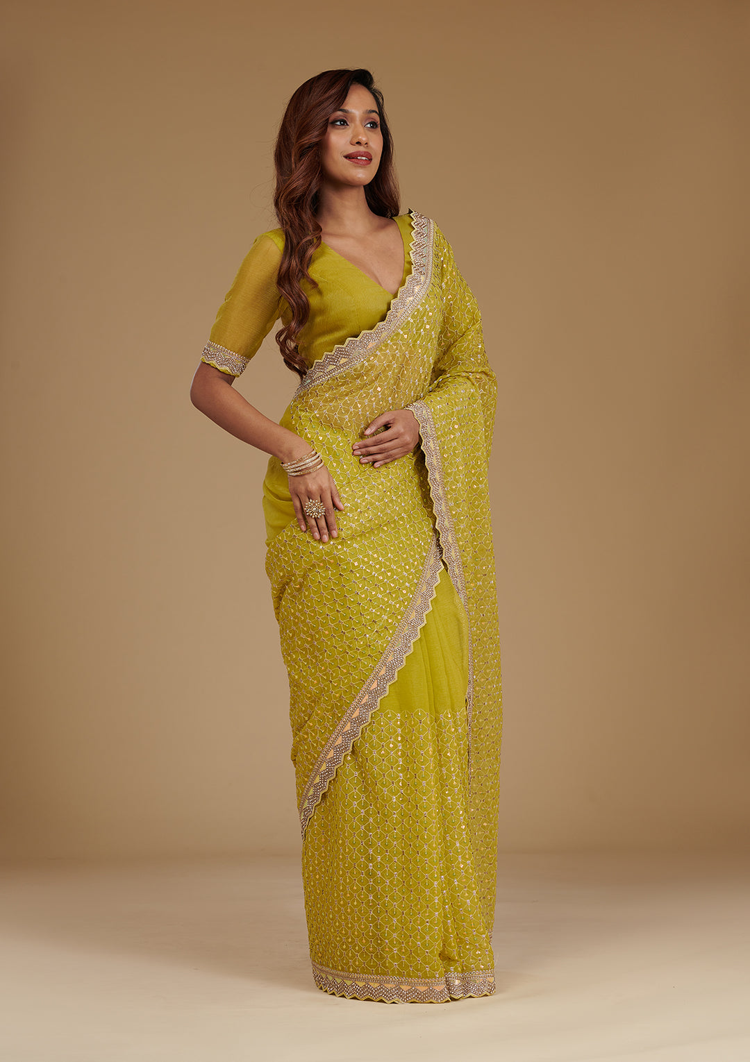 Mehendi Cutdana Chiffon Saree