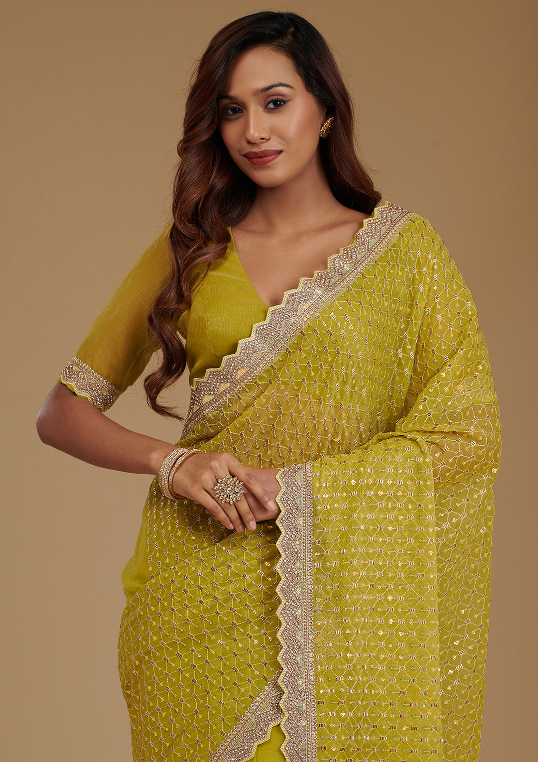 Mehendi Cutdana Chiffon Saree