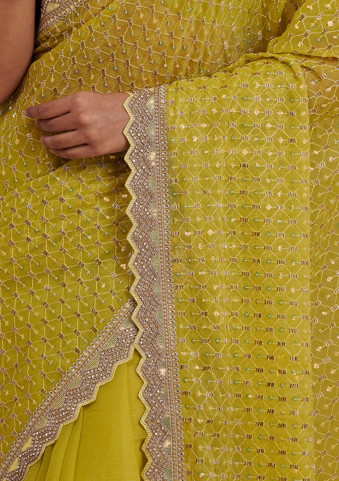 Mehendi Cutdana Chiffon Saree