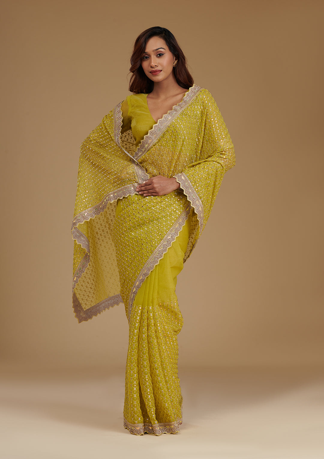 Mehendi Cutdana Chiffon Saree