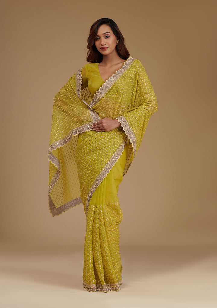 Mehendi Cutdana Chiffon Saree