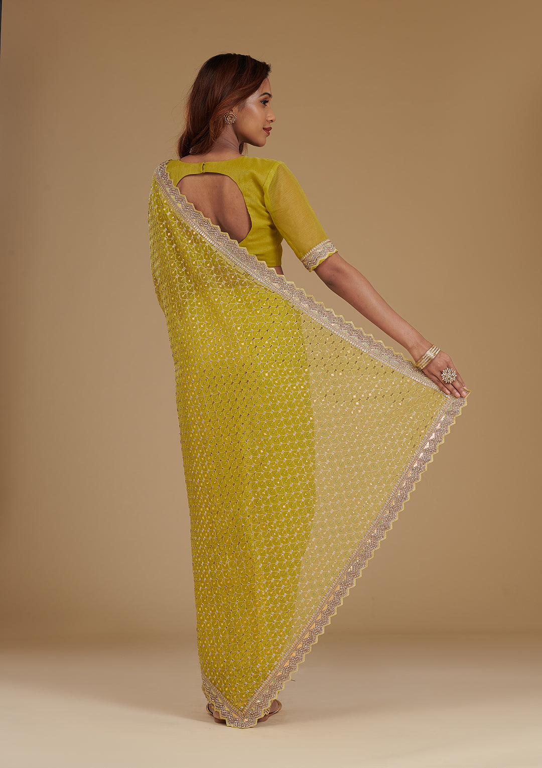 Mehendi Cutdana Chiffon Saree