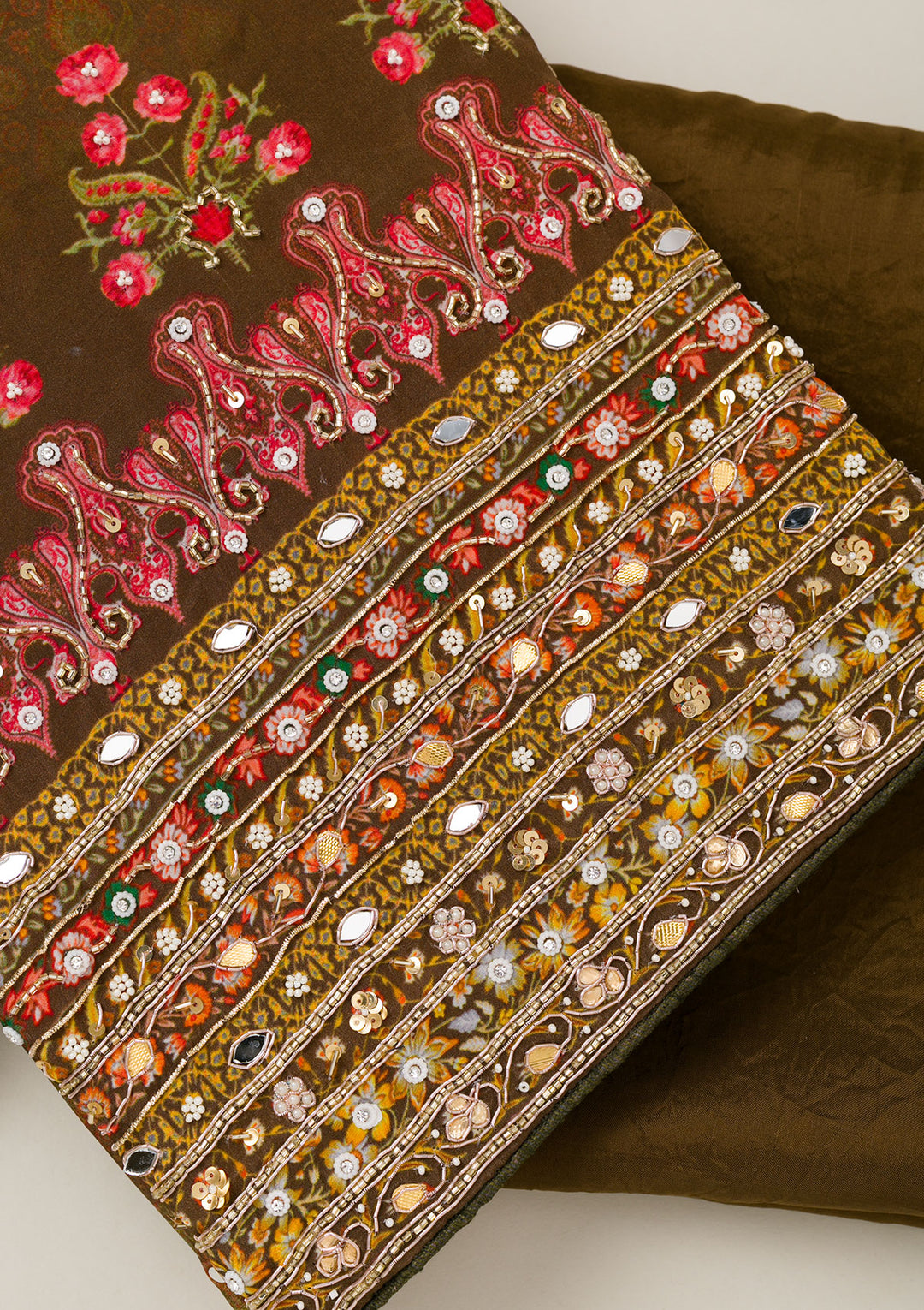Mehendi Cutdana Crepe Unstitched Salwar Suit