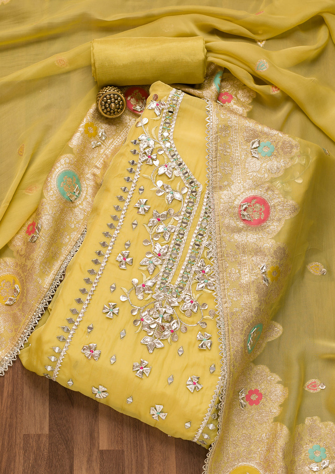 Mehendi Gotapatti Georgette Unstitched Salwar Suit-Koskii