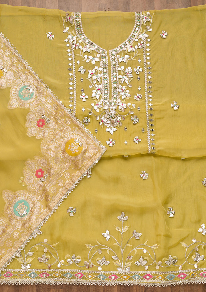 Mehendi Gotapatti Organza Unstitched Salwar Suit