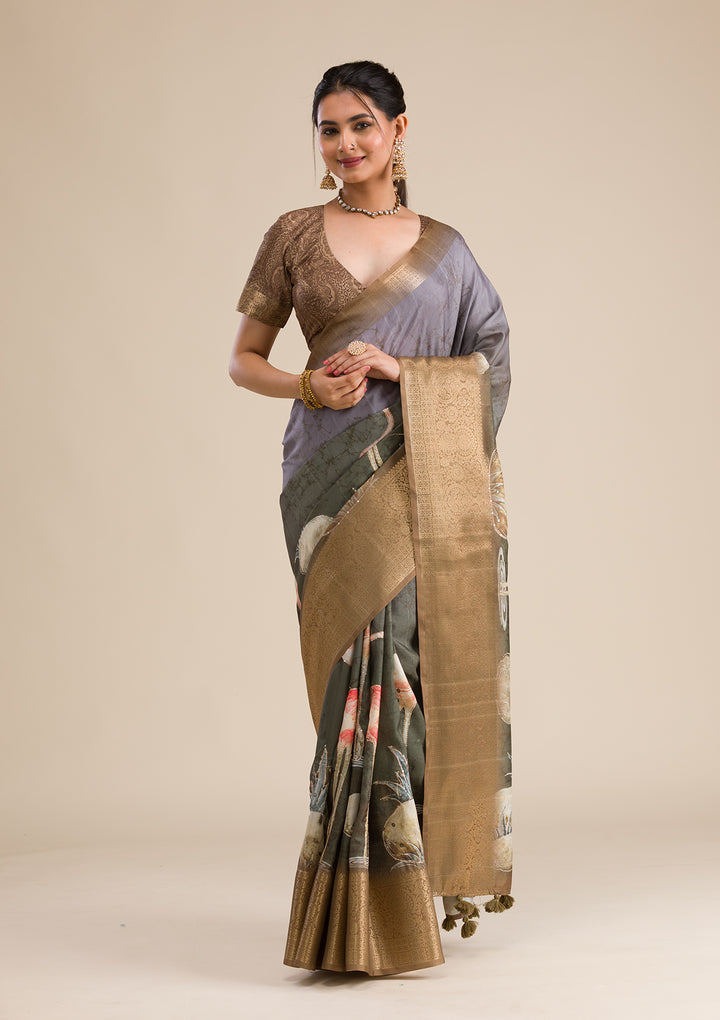 Mehendi Printed Art Silk Saree