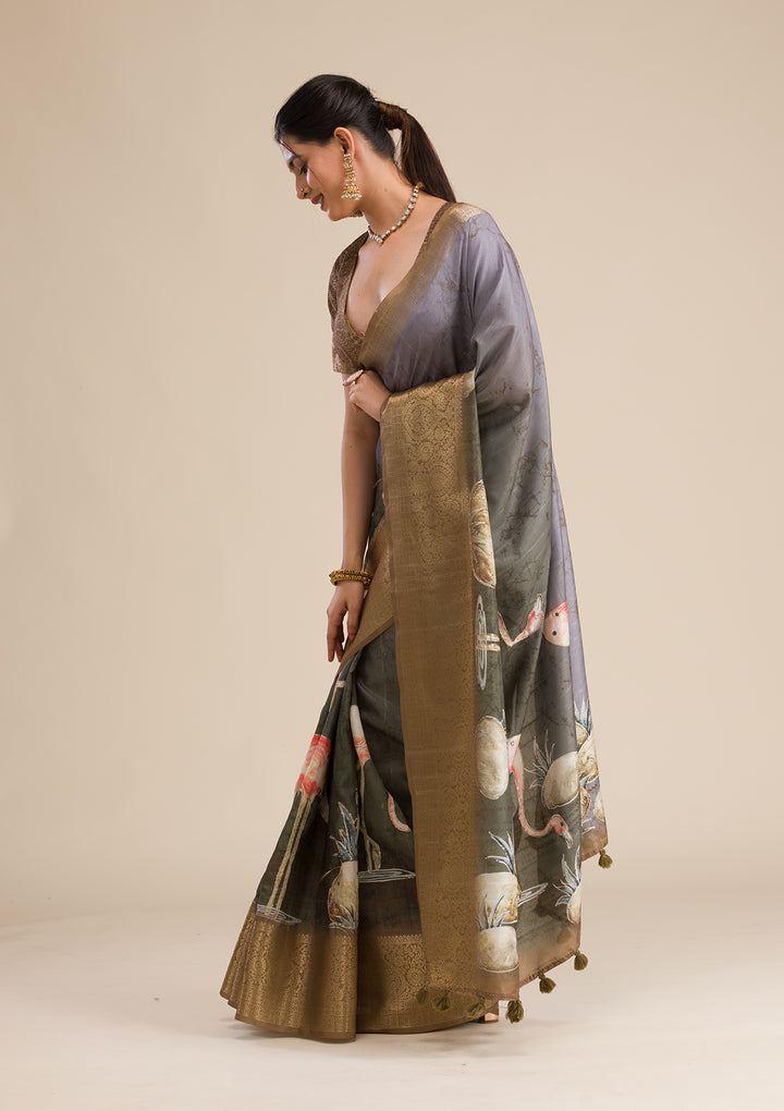 Mehendi Printed Art Silk Saree