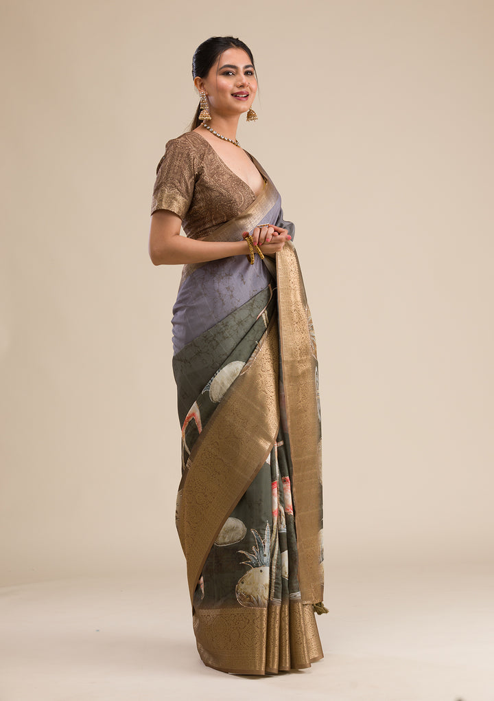 Mehendi Printed Art Silk Saree