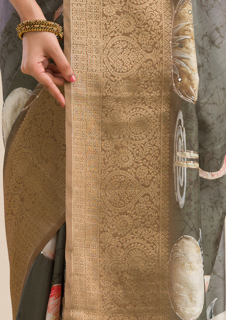 Mehendi Printed Art Silk Saree