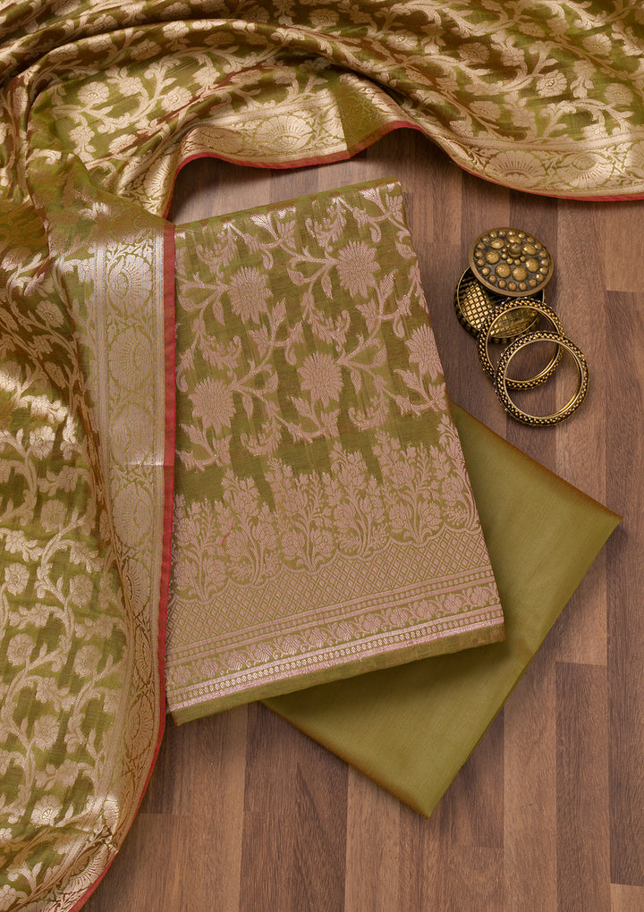 Mehendi Zariwork Banarasi Unstitched Salwar Suit