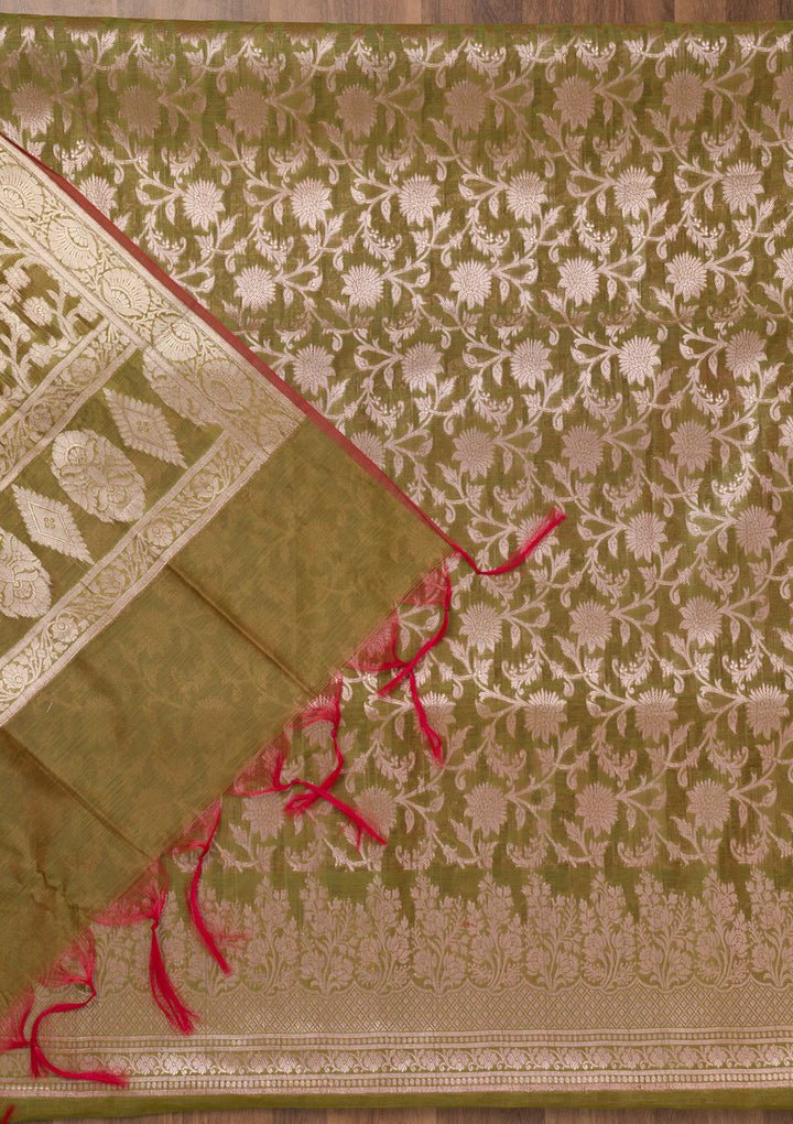 Mehendi Zariwork Banarasi Unstitched Salwar Suit