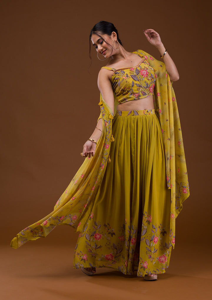 Mehendi Printed Georgette Readymade Lehenga