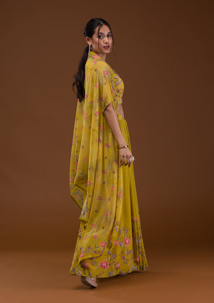 Mehendi Printed Georgette Readymade Lehenga