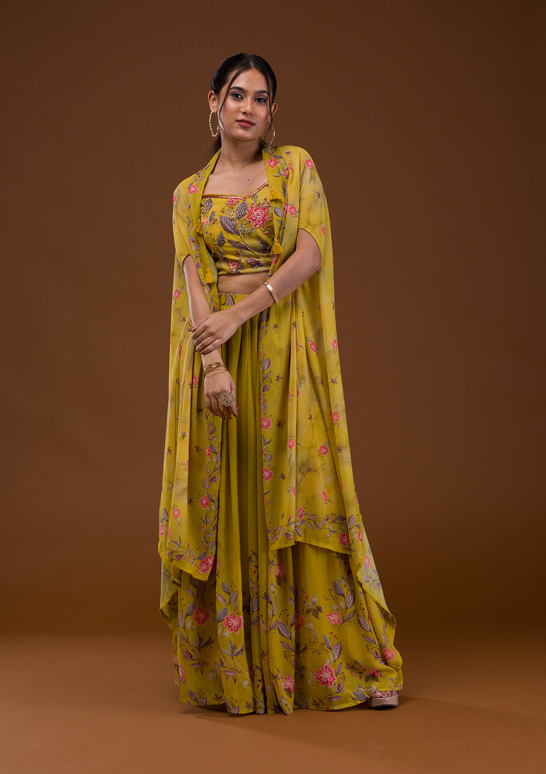 Mehendi Printed Georgette Readymade Lehenga