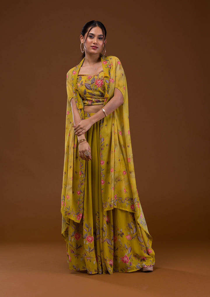 Mehendi Printed Georgette Readymade Lehenga