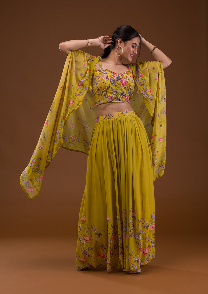 Mehendi Printed Georgette Readymade Lehenga