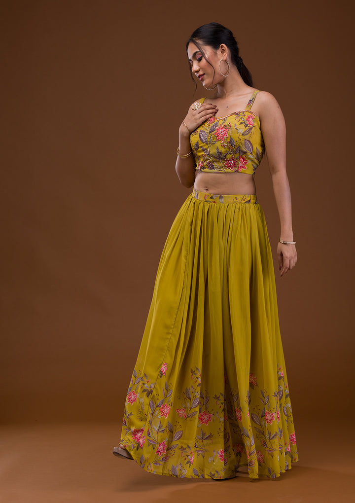 Mehendi Printed Georgette Readymade Lehenga