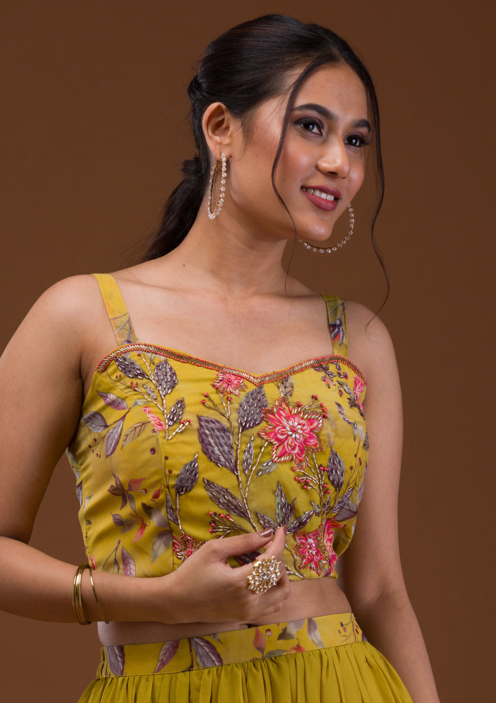 Mehendi Printed Georgette Readymade Lehenga