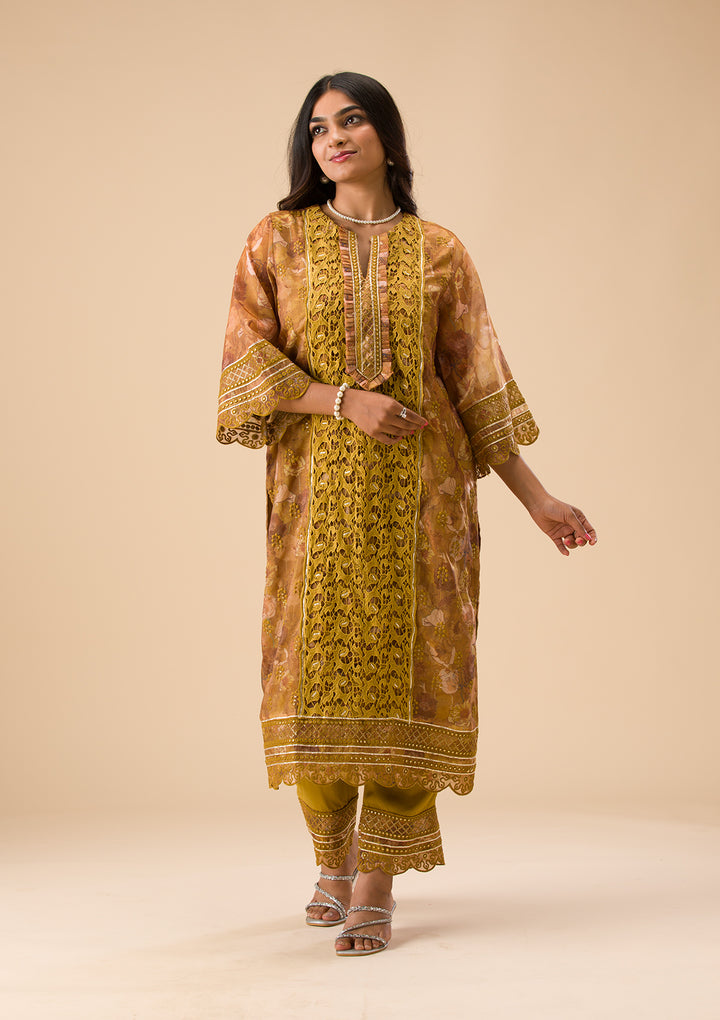 Mehendi Printed Organza Unstitched Salwar Suit