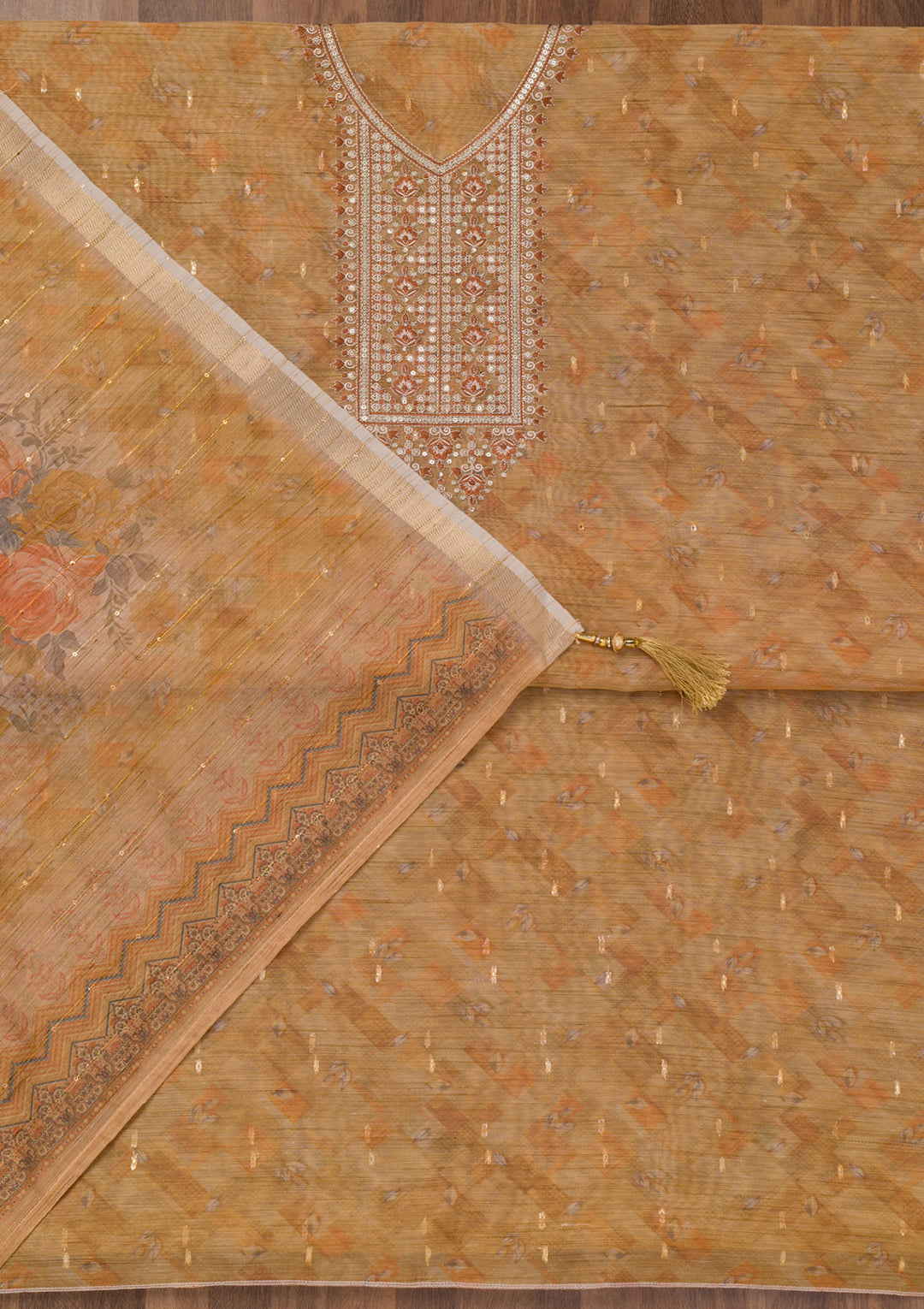 Mehendi Printed Raw Silk Unstitched Salwar Suit