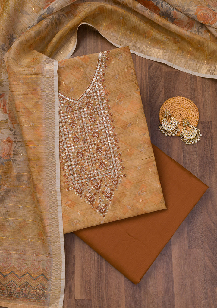 Mehendi Printed Raw Silk Unstitched Salwar Suit