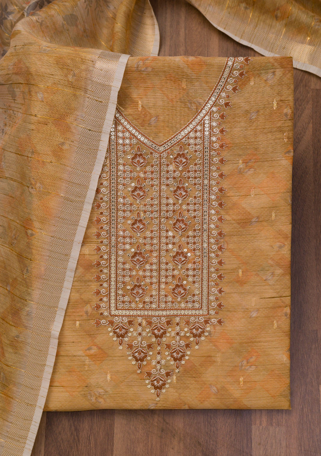 Mehendi Printed Raw Silk Unstitched Salwar Suit