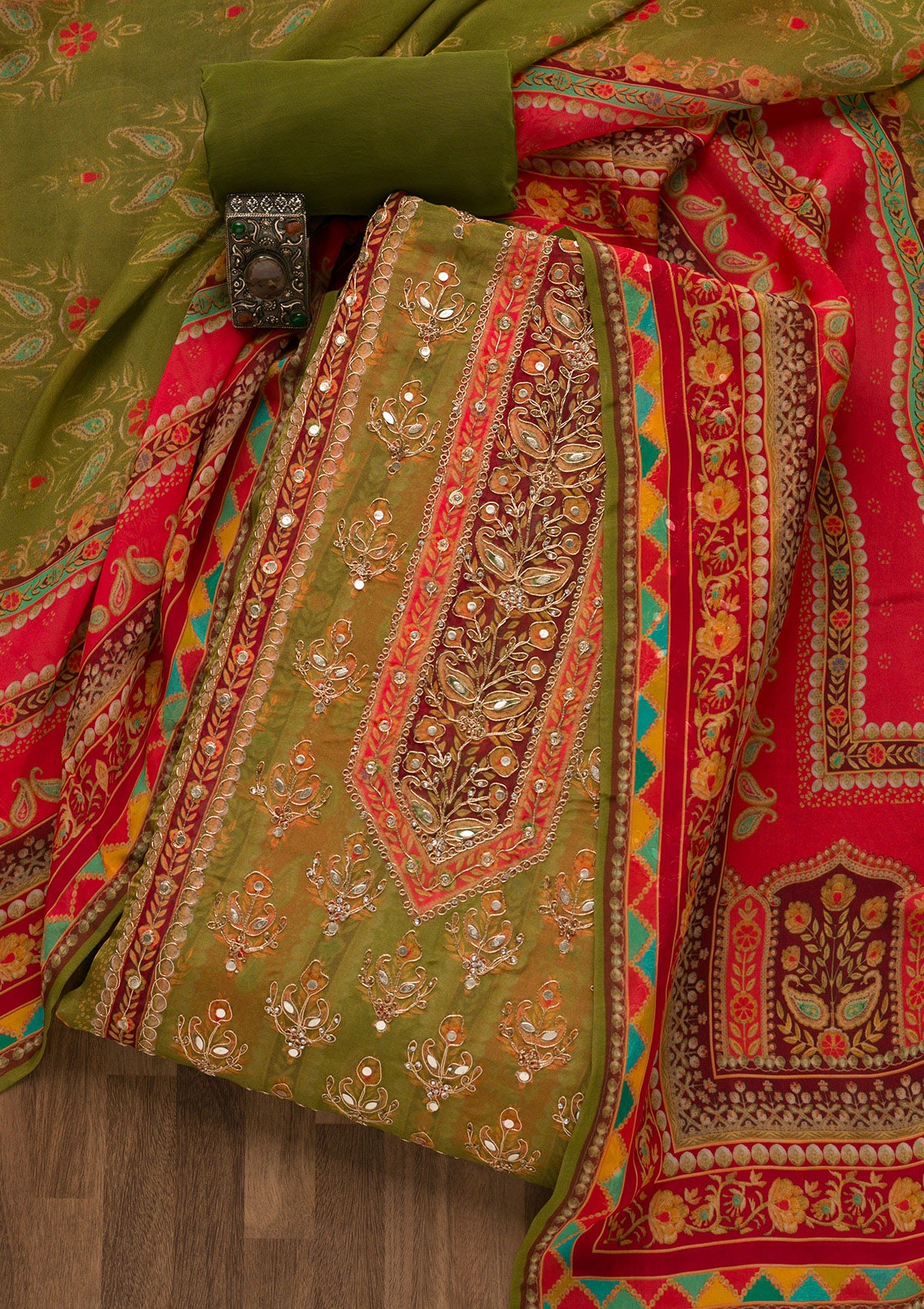 Mehendi Printed Semi Crepe Unstitched Salwar Suit