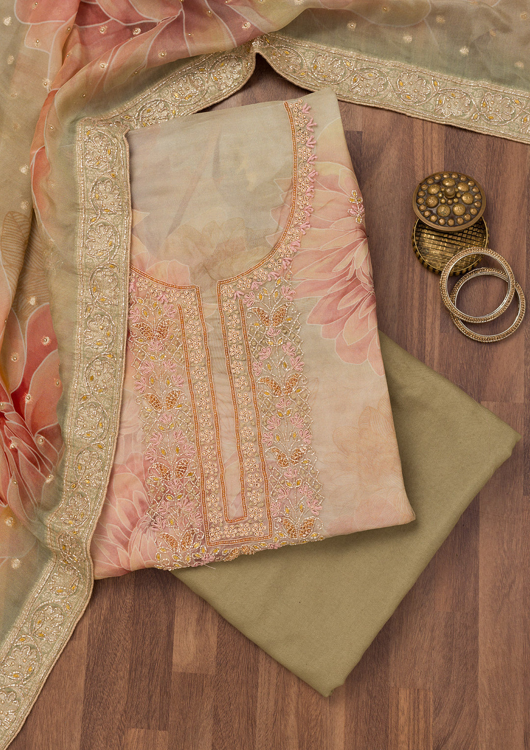 Mehendi Printed Semi Crepe Unstitched Salwar Suit