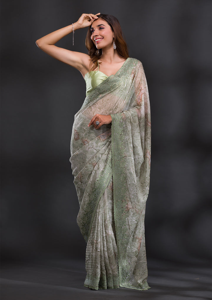 Mehendi Printed Semi Crepe Saree-Koskii