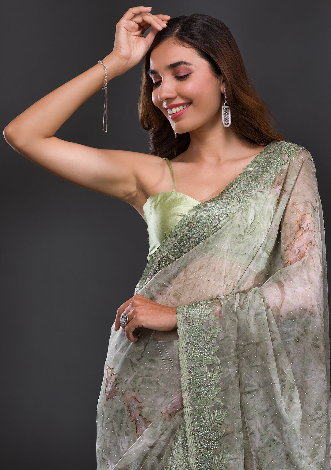 Mehendi Printed Semi Crepe Saree