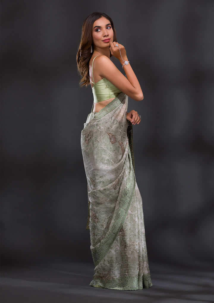 Mehendi Printed Semi Crepe Saree