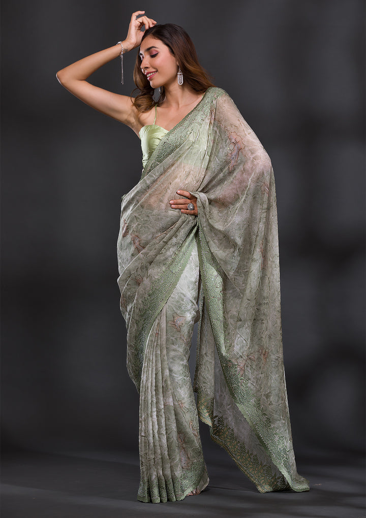 Mehendi Printed Semi Crepe Saree