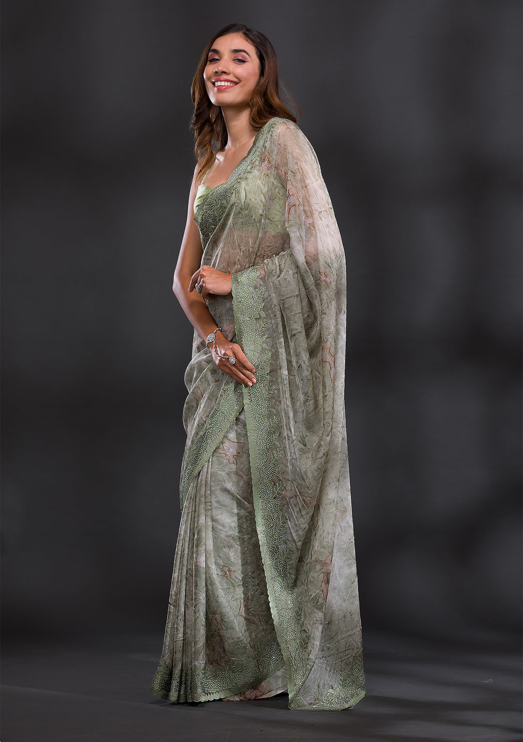 Mehendi Printed Semi Crepe Saree