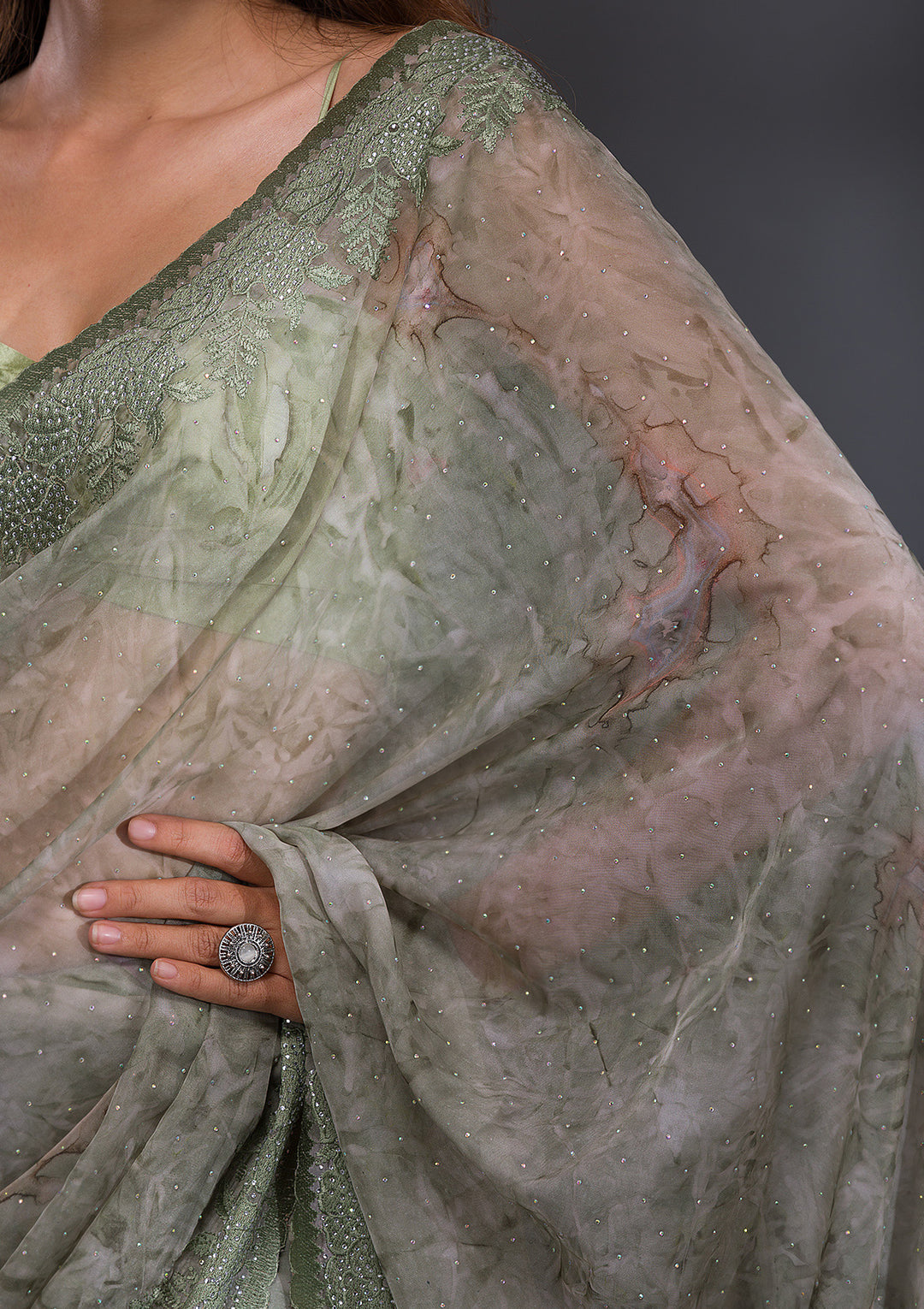 Mehendi Printed Semi Crepe Saree